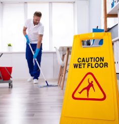 Professional cleaning service with wet floor safety precautions